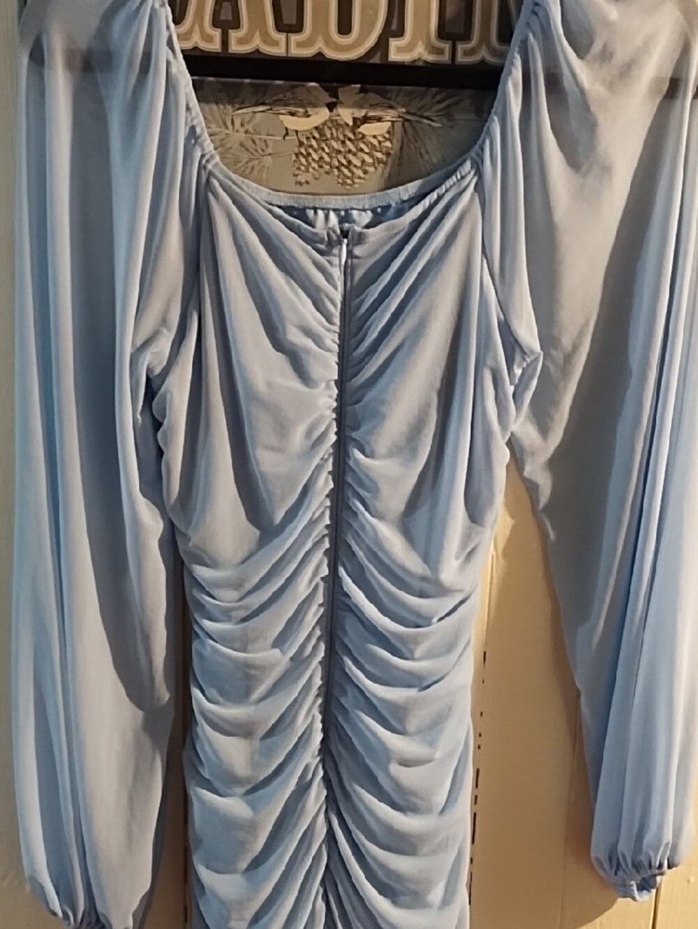 Light Blue Ruched Long-Sleeve Midi Dress Medium EUC. - Picture 9 of 15